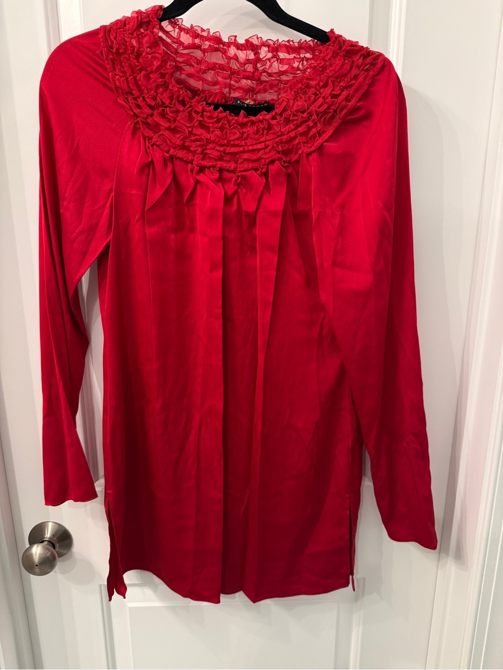 Elie Tahari Red Silk Long-Sleeve Ruffled Neck Women's Top